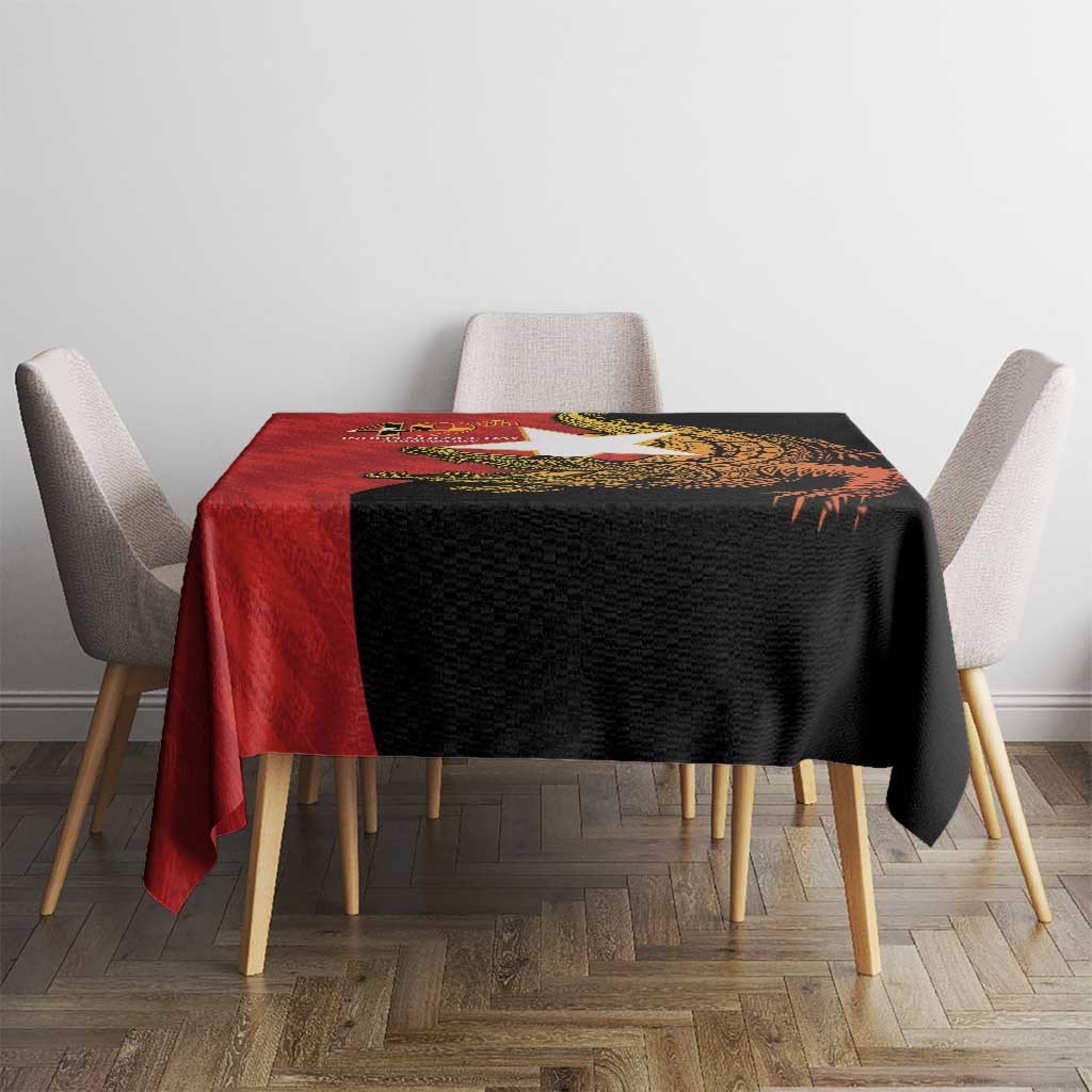 Black tablecloth with red top panel and gold crocodile motif with anniversary text