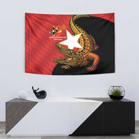 East Timor Independence Day tapestry featuring golden crocodiles on red/black with 40th emblem