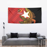 East Timor Independence Day tapestry with red-to-black background and golden 40th emblem