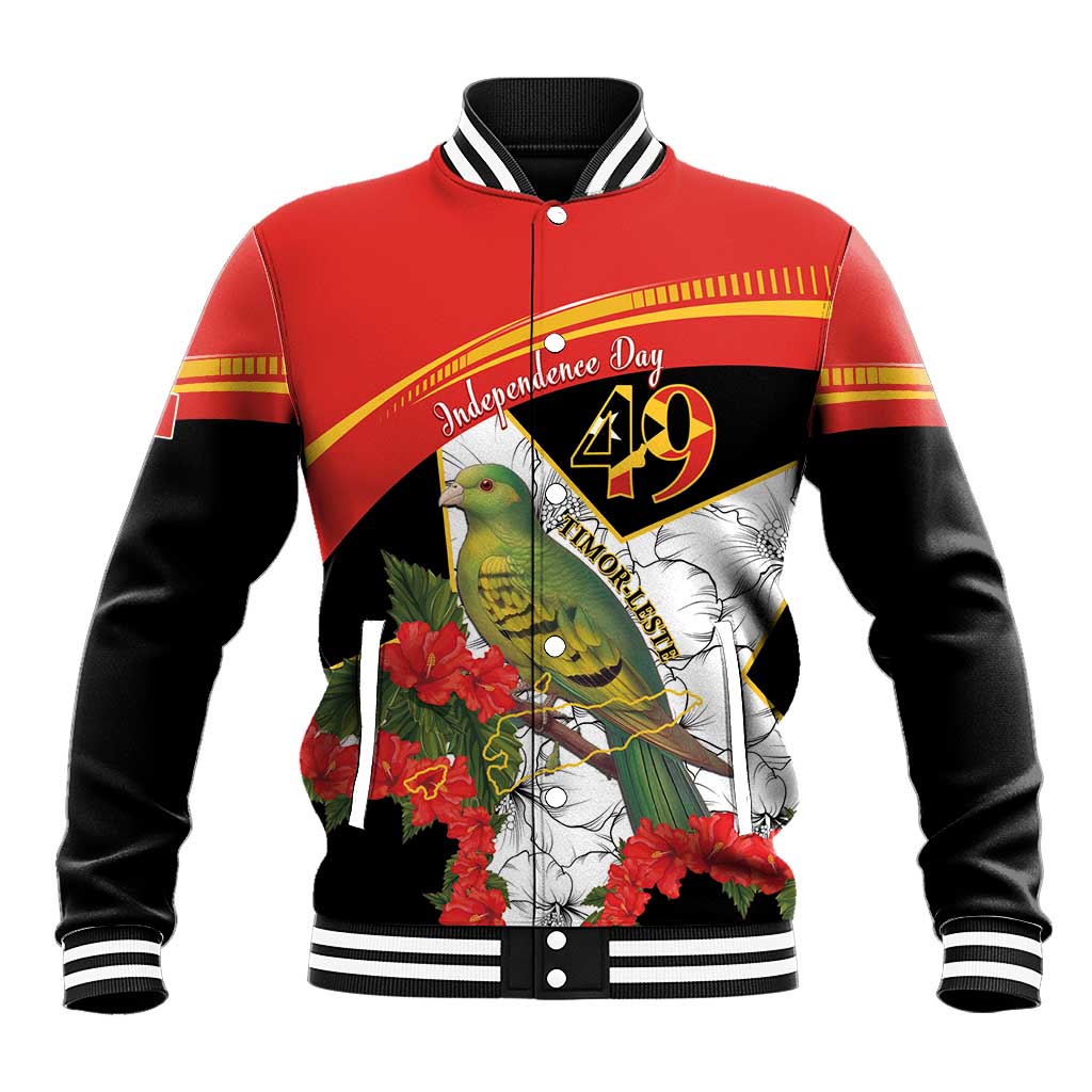 Black and red baseball jacket with bird, floral print, striped ribbed collar and cuffs