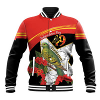 Black and red baseball jacket with bird, floral print, striped ribbed collar and cuffs