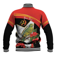 Red and black baseball jacket with bird and floral print on back, striped ribbed collar