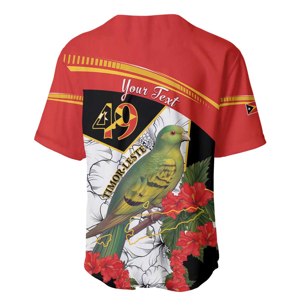 Red baseball jersey back with black panel, 49 emblem and green bird over floral print