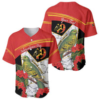 Set of red baseball jerseys: front and back with 49 emblem, green bird, hibiscus flowers
