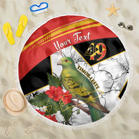 Round beach blanket with red, black, and white bird and hibiscus graphic, fringed edge, "Your Text"