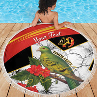 Round beach blanket with bird and hibiscus design, fringed edge, "Your Text" at center