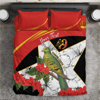 Personalized bedding set with red and black duvet, hibiscus flowers, green bird graphic
