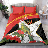 Personalized bedding set with red and black comforter, hibiscus blooms and green bird print