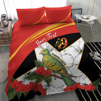 Personalized bedding set with red and black duvet cover, hibiscus flowers and green bird