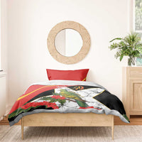 Personalized bedding set with red and black duvet, hibiscus flowers, green bird and “49”
