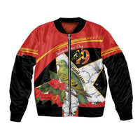 Unisex bomber jacket, red body with black sleeves, zip front, bird & hibiscus print