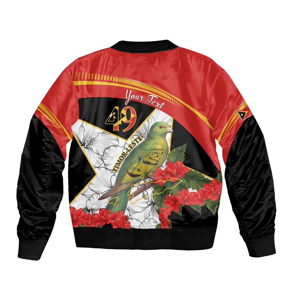 Unisex bomber jacket, red back with bird & hibiscus graphic, black ribbed collar and cuffs