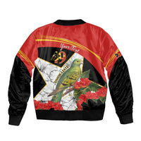 Unisex bomber jacket, red back with bird & hibiscus graphic, black ribbed collar and cuffs