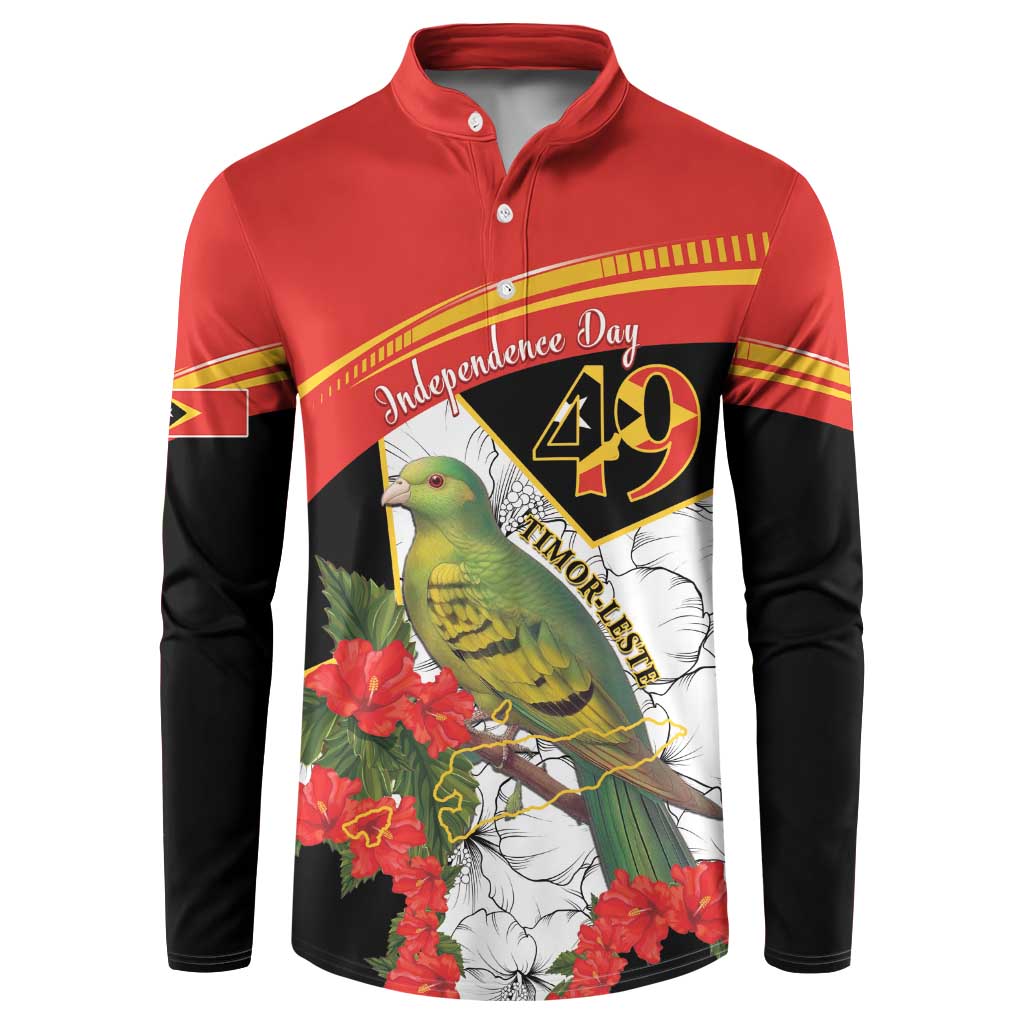 Red and black button-front sweatshirt with bird, hibiscus, and Independence Day 49 print