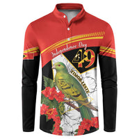 Red and black button-front sweatshirt with bird, hibiscus, and Independence Day 49 print