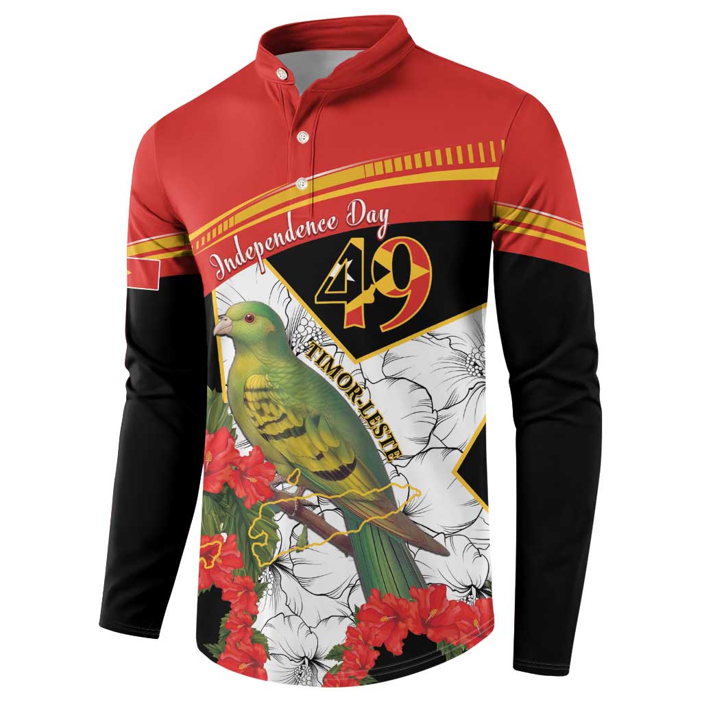 Red and black button-front sweatshirt with bird, hibiscus flowers, and 49 emblem graphic