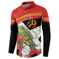 Red and black button-front sweatshirt with bird, hibiscus flowers, and 49 emblem graphic