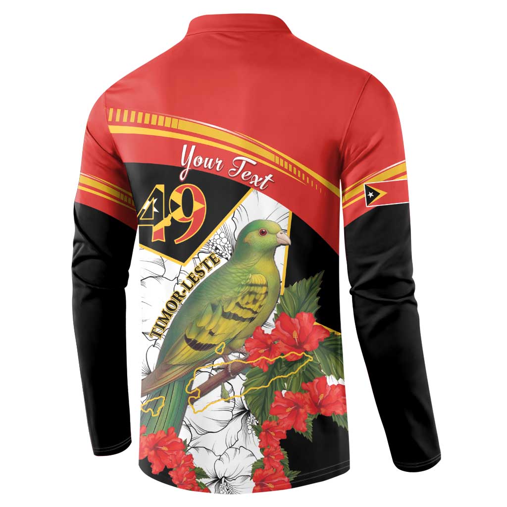 Red and black sweatshirt back graphic with bird, hibiscus, and 'Your Text' over 49