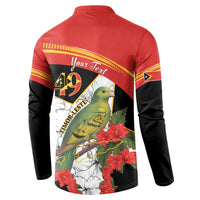Red and black sweatshirt back graphic with bird, hibiscus, and 'Your Text' over 49