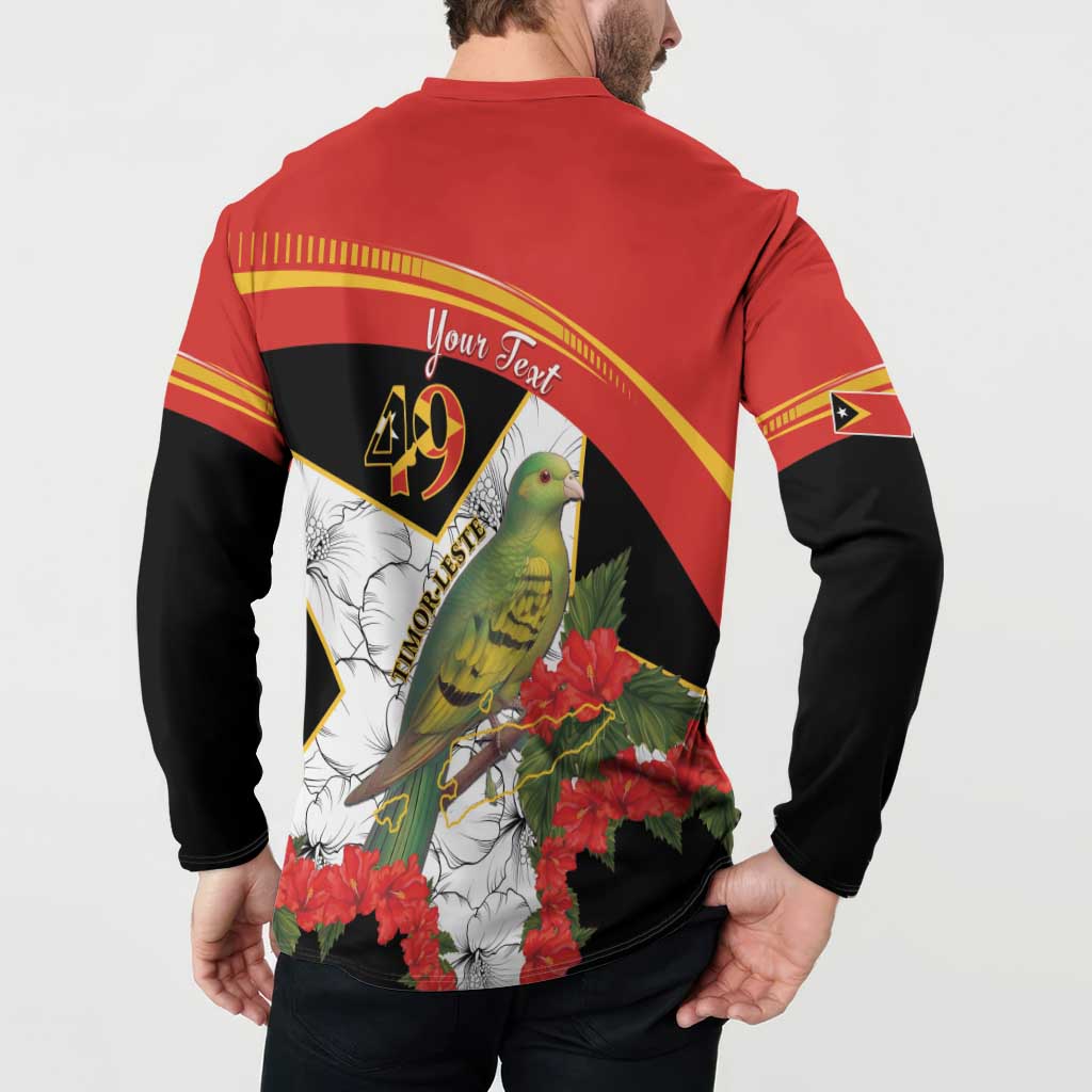 Red and black sweatshirt back with bird, hibiscus, 49 emblem, and flag sleeve patch