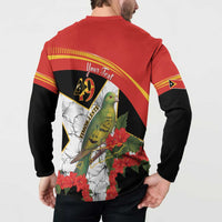 Red and black sweatshirt back with bird, hibiscus, 49 emblem, and flag sleeve patch
