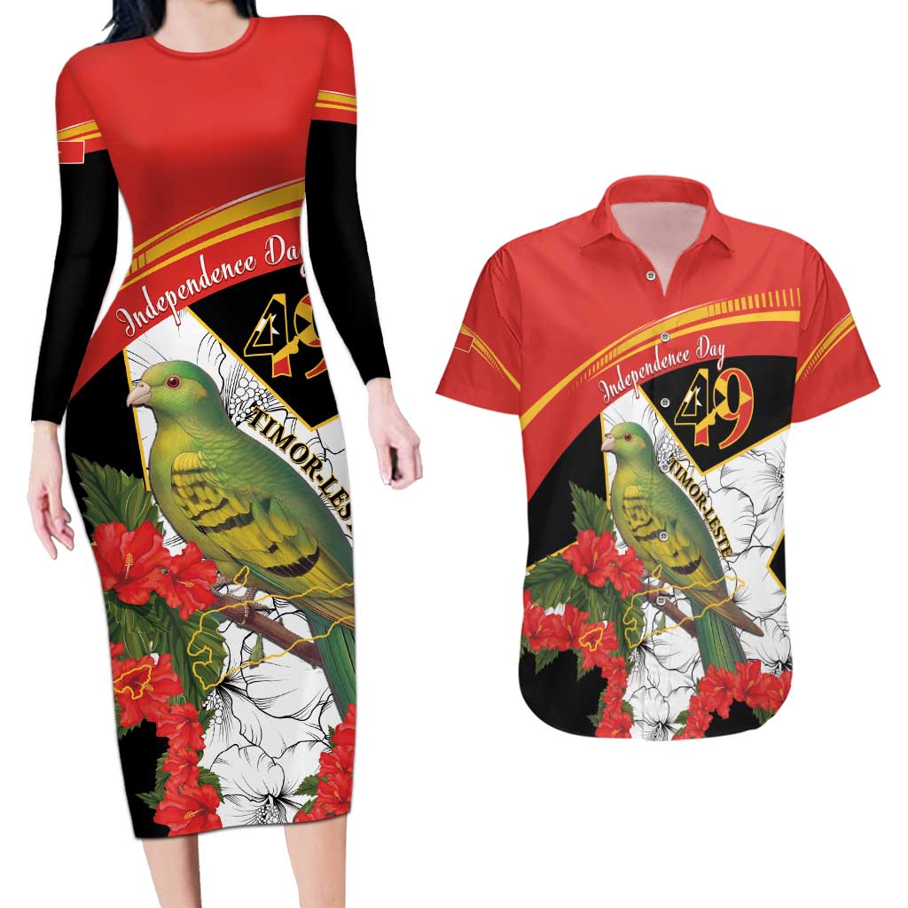 Personalised East Timor Independence Day Couples Matching Long Sleeve Bodycon Dress and Hawaiian Shirt Timor Pigeon Mix Hibiscus Pattern - Wonder Print Shop