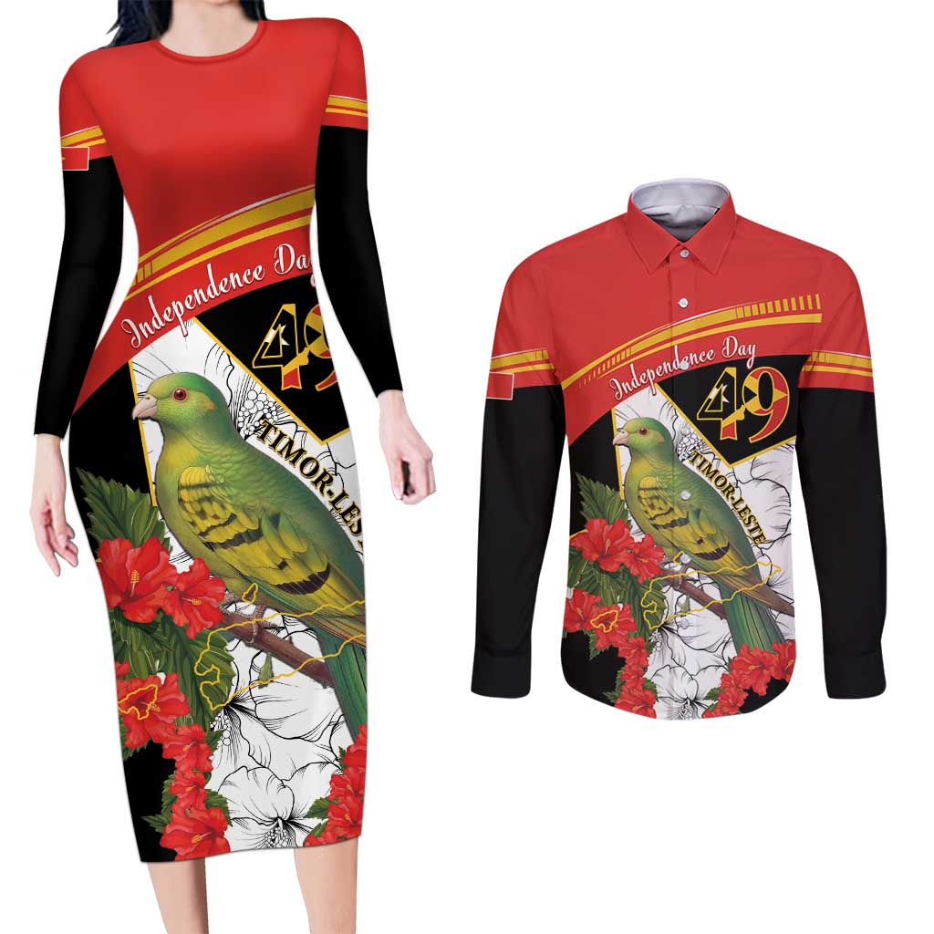 Personalised East Timor Independence Day Couples Matching Long Sleeve Bodycon Dress and Long Sleeve Button Shirt Timor Pigeon Mix Hibiscus Pattern - Wonder Print Shop