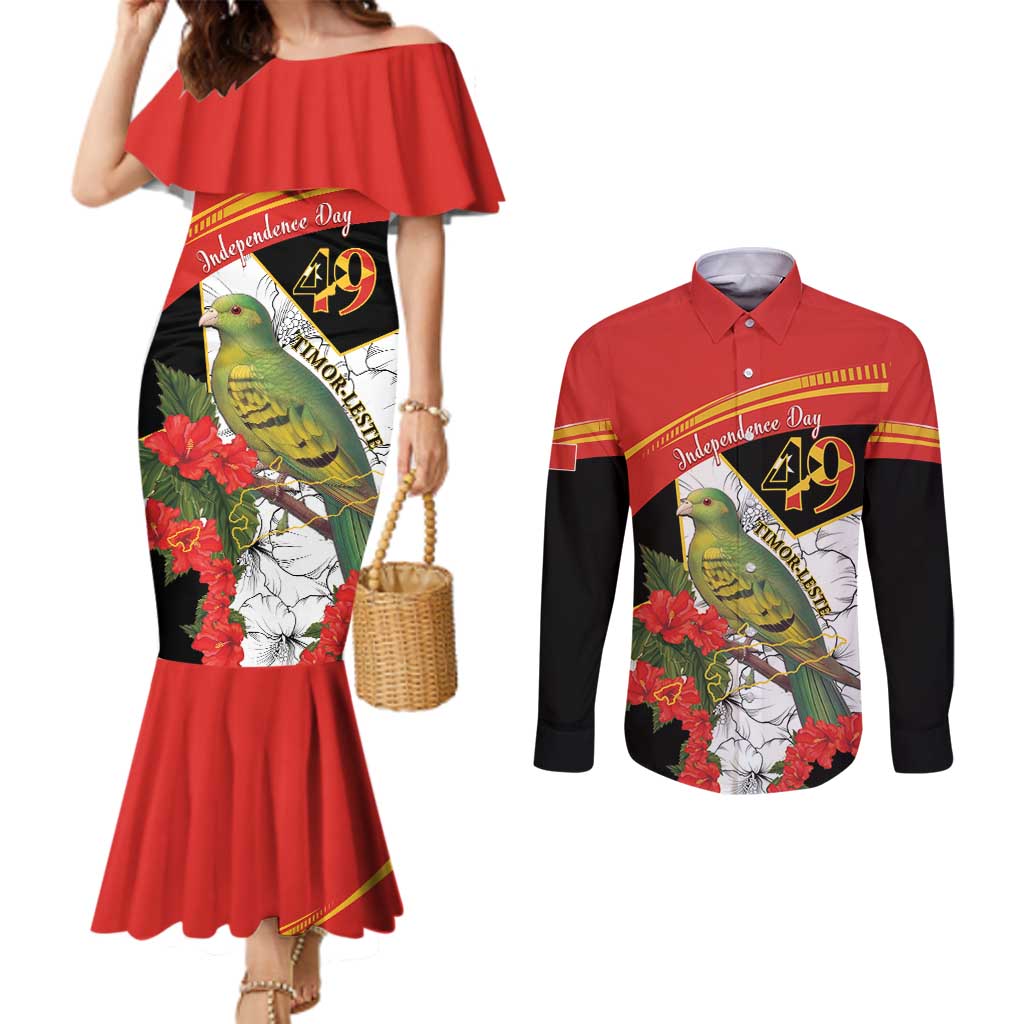 Personalised East Timor Independence Day Couples Matching Mermaid Dress and Long Sleeve Button Shirt Timor Pigeon Mix Hibiscus Pattern