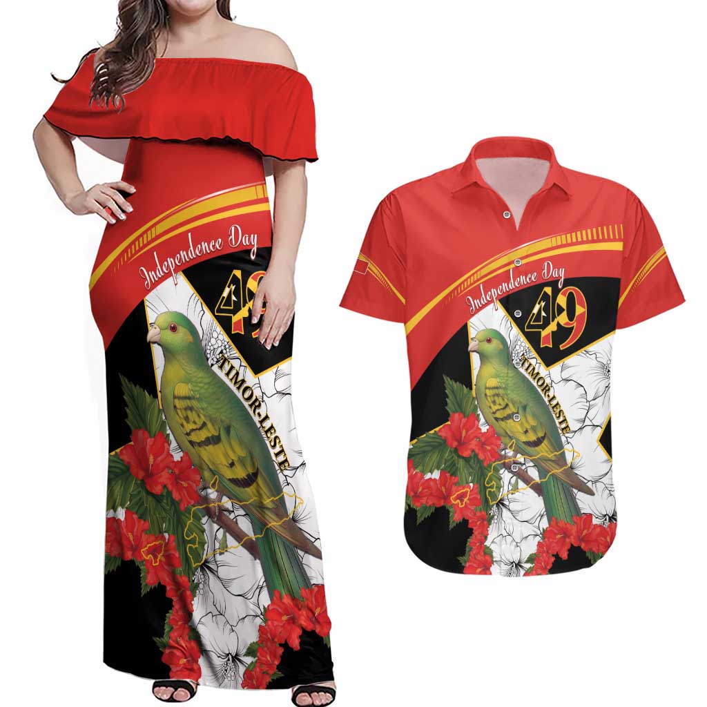 Personalised East Timor Independence Day Couples Matching Off Shoulder Maxi Dress and Hawaiian Shirt Timor Pigeon Mix Hibiscus Pattern - Wonder Print Shop