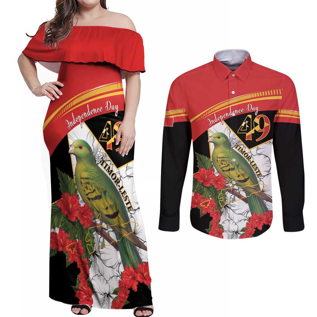 Personalised East Timor Independence Day Couples Matching Off Shoulder Maxi Dress and Long Sleeve Button Shirt Timor Pigeon Mix Hibiscus Pattern - Wonder Print Shop