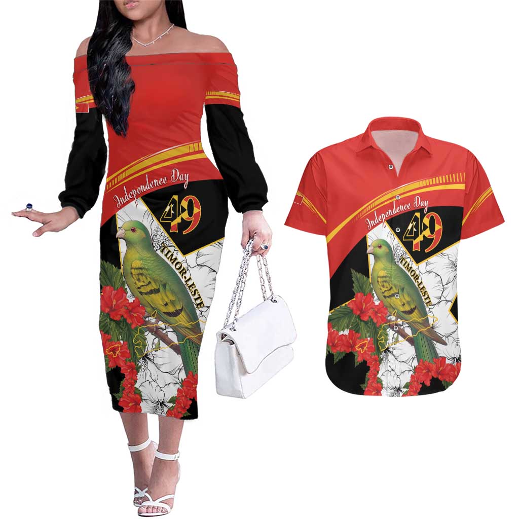 Personalised East Timor Independence Day Couples Matching Off The Shoulder Long Sleeve Dress and Hawaiian Shirt Timor Pigeon Mix Hibiscus Pattern - Wonder Print Shop