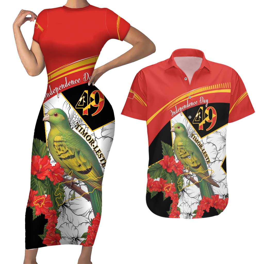 Personalised East Timor Independence Day Couples Matching Short Sleeve Bodycon Dress and Hawaiian Shirt Timor Pigeon Mix Hibiscus Pattern - Wonder Print Shop