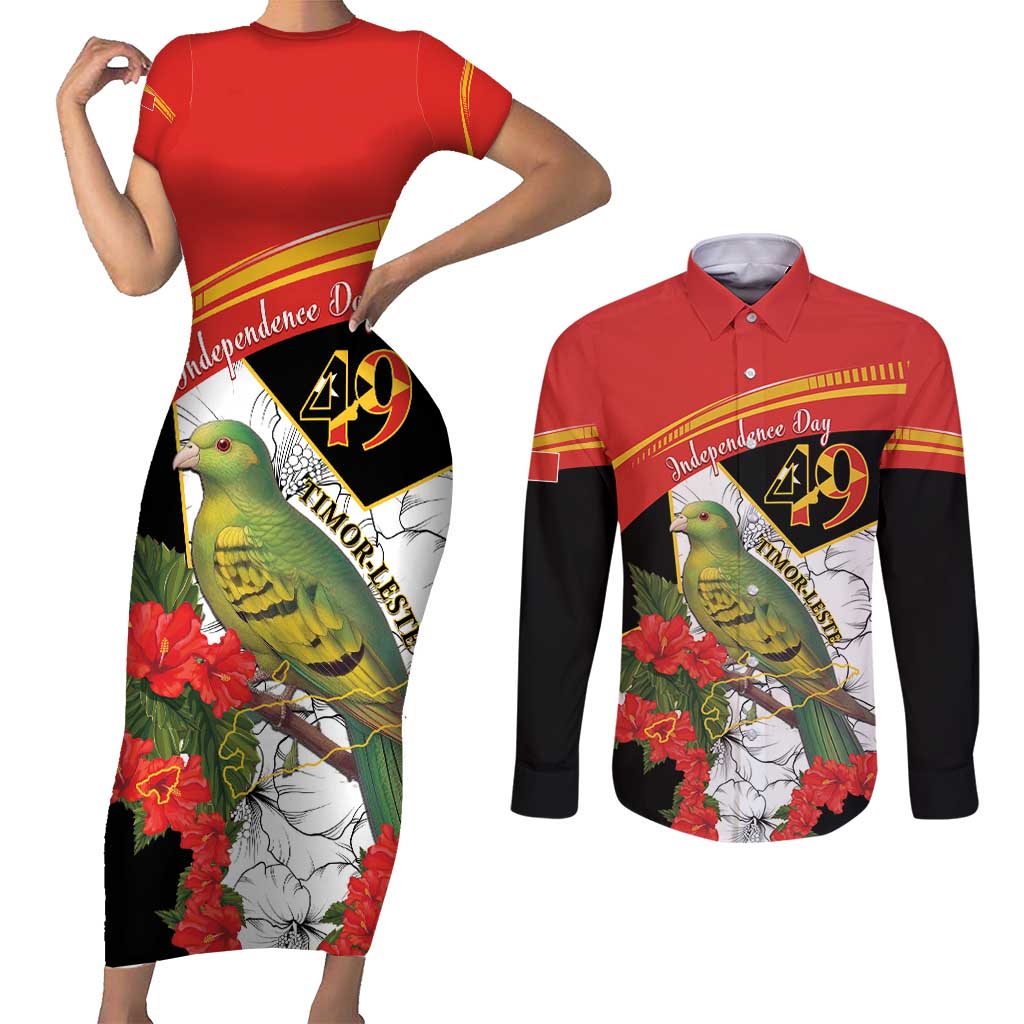 Personalised East Timor Independence Day Couples Matching Short Sleeve Bodycon Dress and Long Sleeve Button Shirt Timor Pigeon Mix Hibiscus Pattern - Wonder Print Shop