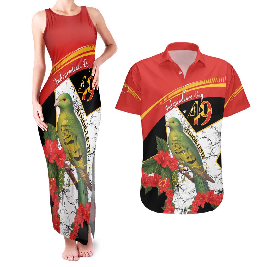 Personalised East Timor Independence Day Couples Matching Tank Maxi Dress and Hawaiian Shirt Timor Pigeon Mix Hibiscus Pattern - Wonder Print Shop