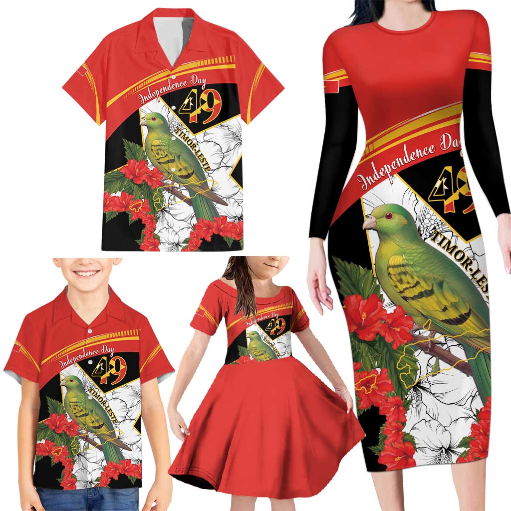 Personalised East Timor Independence Day Family Matching Long Sleeve Bodycon Dress and Hawaiian Shirt Timor Pigeon Mix Hibiscus Pattern - Wonder Print Shop