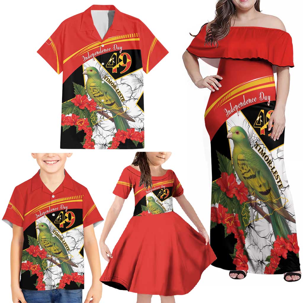 Personalised East Timor Independence Day Family Matching Off Shoulder Maxi Dress and Hawaiian Shirt Timor Pigeon Mix Hibiscus Pattern - Wonder Print Shop