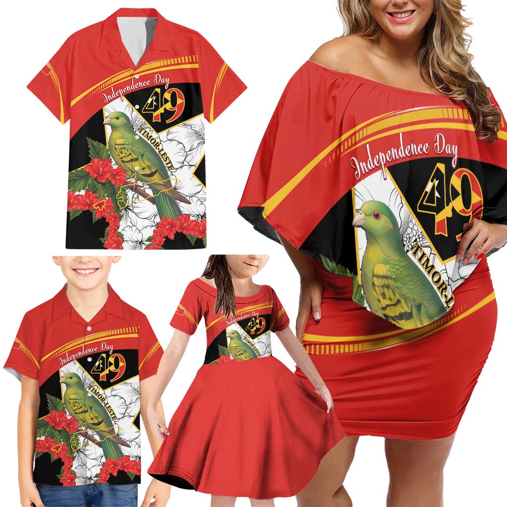 Personalised East Timor Independence Day Family Matching Off Shoulder Short Dress and Hawaiian Shirt Timor Pigeon Mix Hibiscus Pattern - Wonder Print Shop