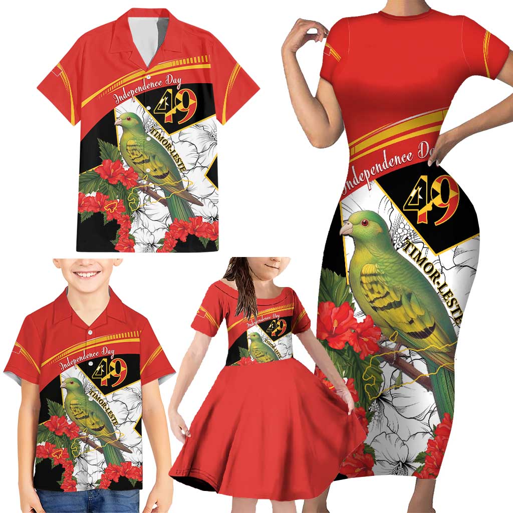 Personalised East Timor Independence Day Family Matching Short Sleeve Bodycon Dress and Hawaiian Shirt Timor Pigeon Mix Hibiscus Pattern - Wonder Print Shop