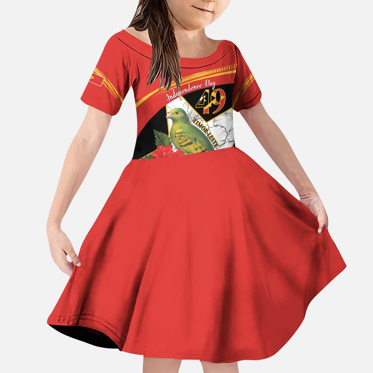 Personalised East Timor Independence Day Kid Short Sleeve Dress Timor Pigeon Mix Hibiscus Pattern - Wonder Print Shop