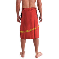 Red lavalava shorts, pleated back and yellow-trim hemline