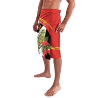 Red lavalava shorts with pigeon and hibiscus print on front panel