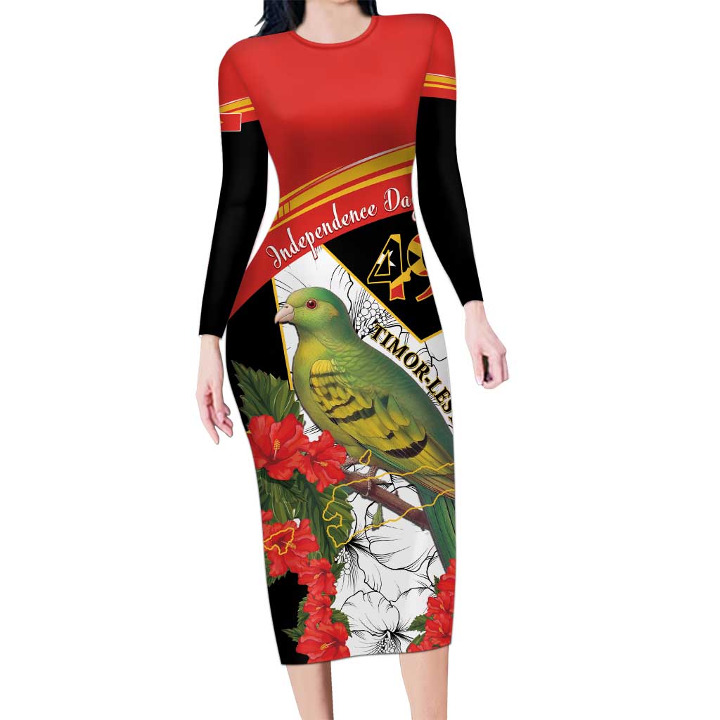 Personalised East Timor Independence Day Long Sleeve Bodycon Dress Timor Pigeon Mix Hibiscus Pattern - Wonder Print Shop