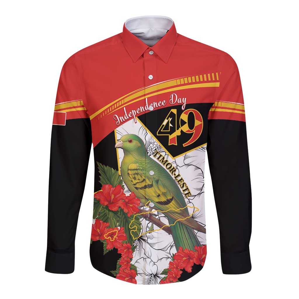 Red and black long-sleeve button shirt with Independence Day pigeon and flower graphic