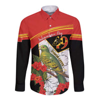 Red and black long-sleeve button shirt with Independence Day pigeon and flower graphic