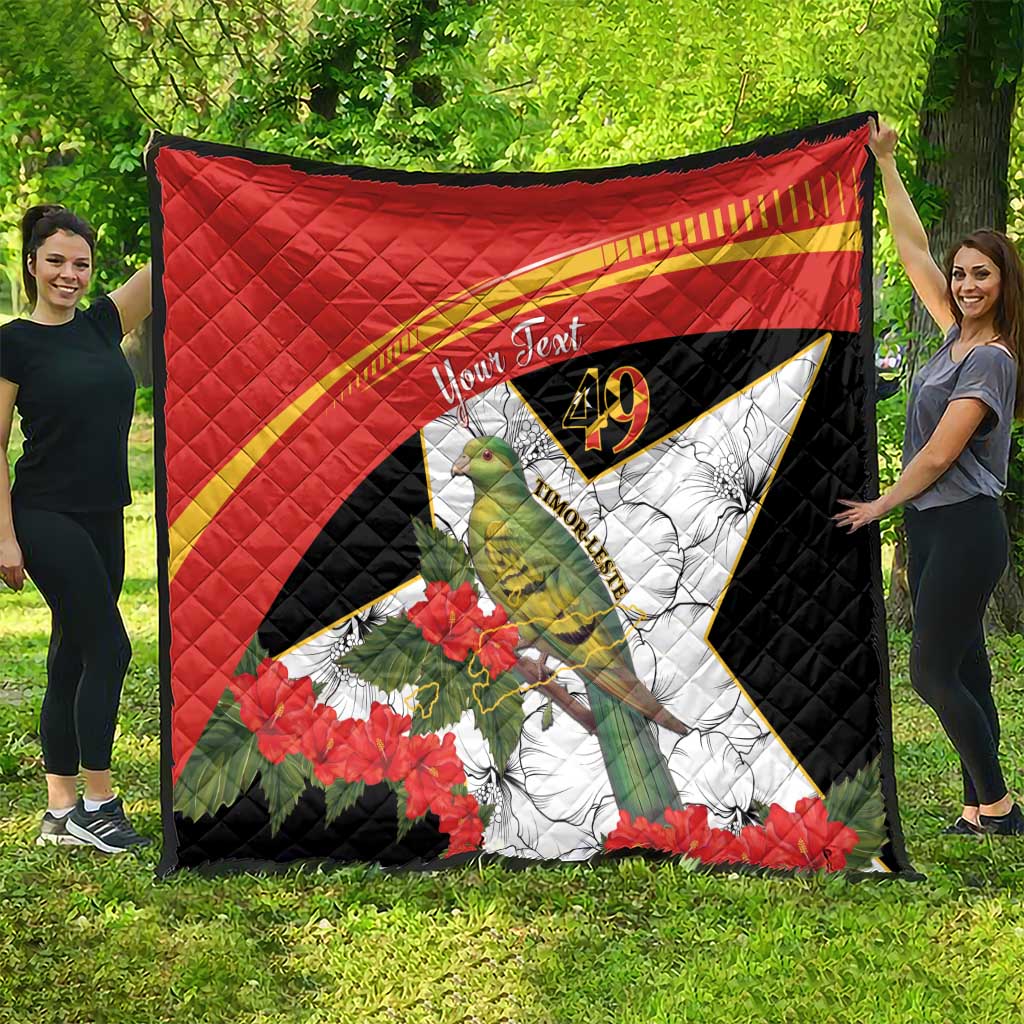 Personalized red and black quilt with bird and hibiscus flowers, 'Your Text' 49