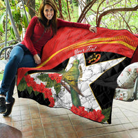 Personalized quilt blanket, red and black with bird, hibiscus flowers, 'Your Text' 49