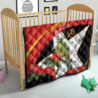 Personalized quilt in nursery, red and black with bird, hibiscus flowers, 'Your Text' 49