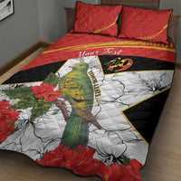 Quilt bed set with bird, hibiscus, and central 49 emblem pattern, red and black bedding