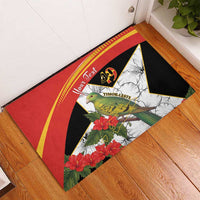 Personalised rubber doormat corner view, red and black star design with bird print
