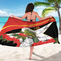 Personalised sarong, black with red/gold stripe and bird-and-flower artwork, custom text